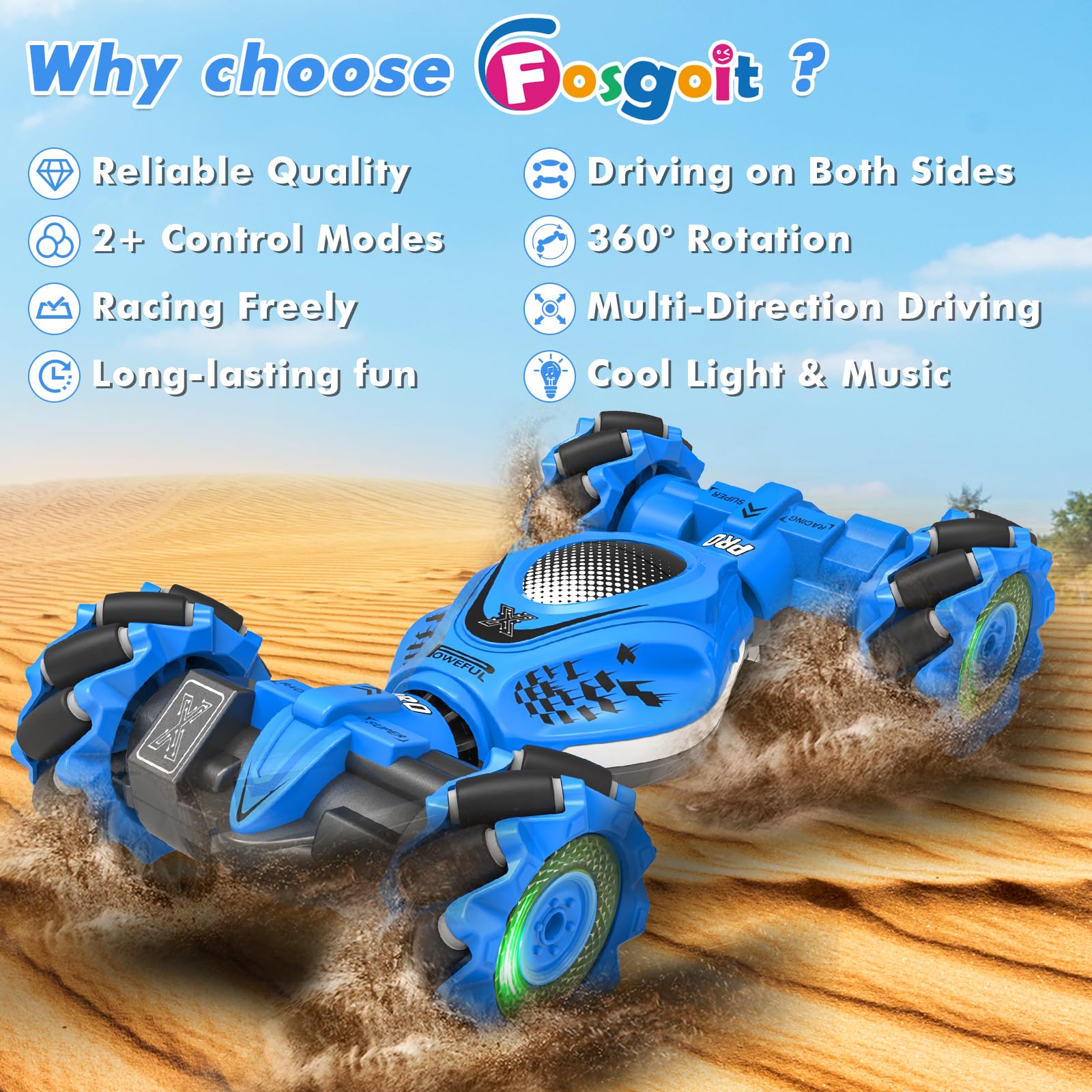 Fosgoit RC Car two rechargeable batteries extend playtime
