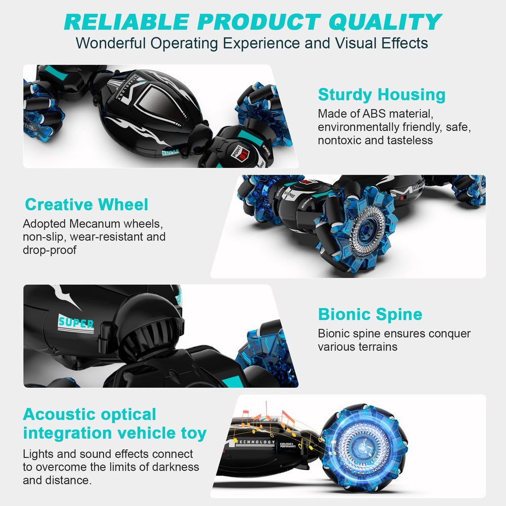 Fosgoit 4WD performance on rugged surfaces with night-time lights and music
