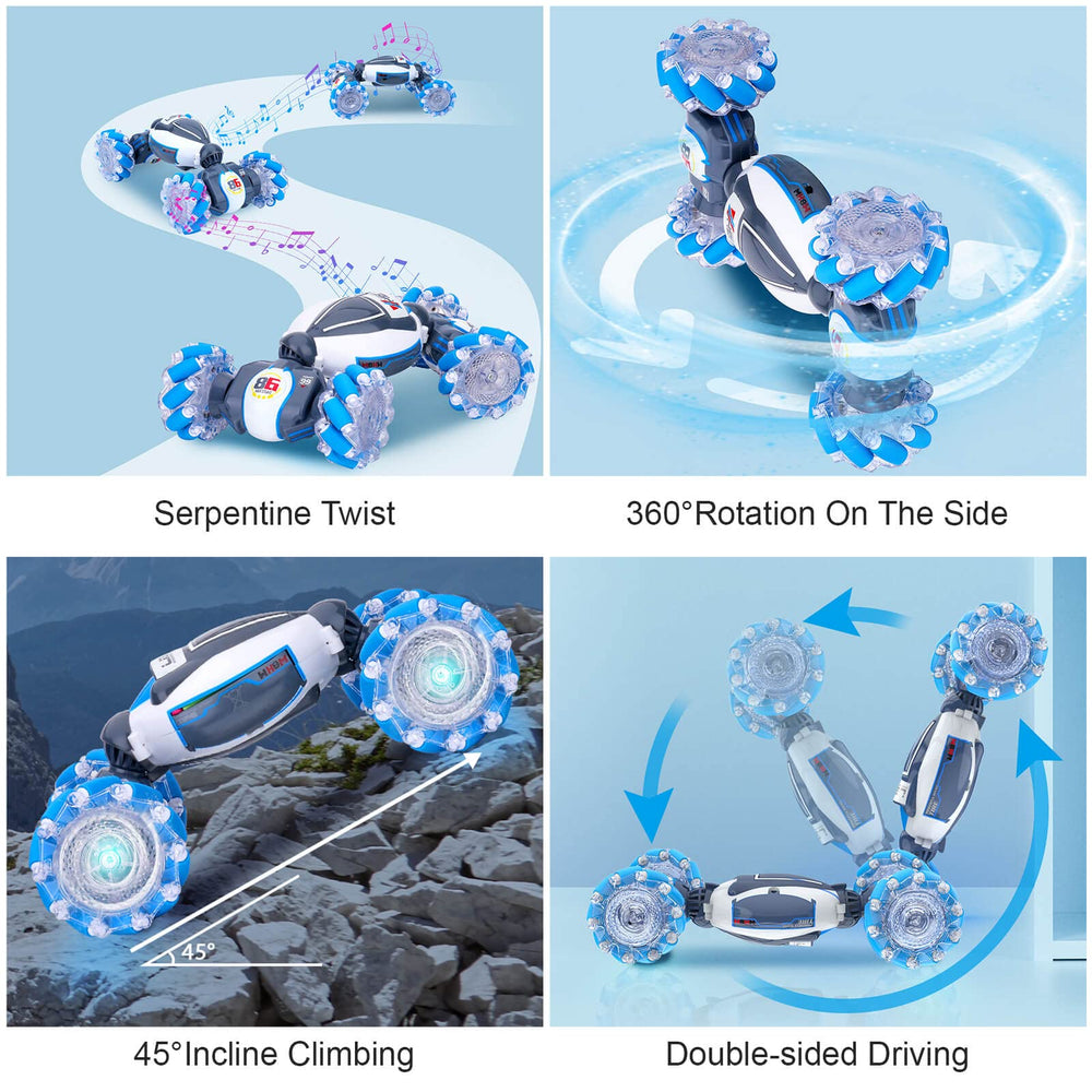 Fosgoit RC stunt car performing a 360-degree rotation for dramatic off-road stunts