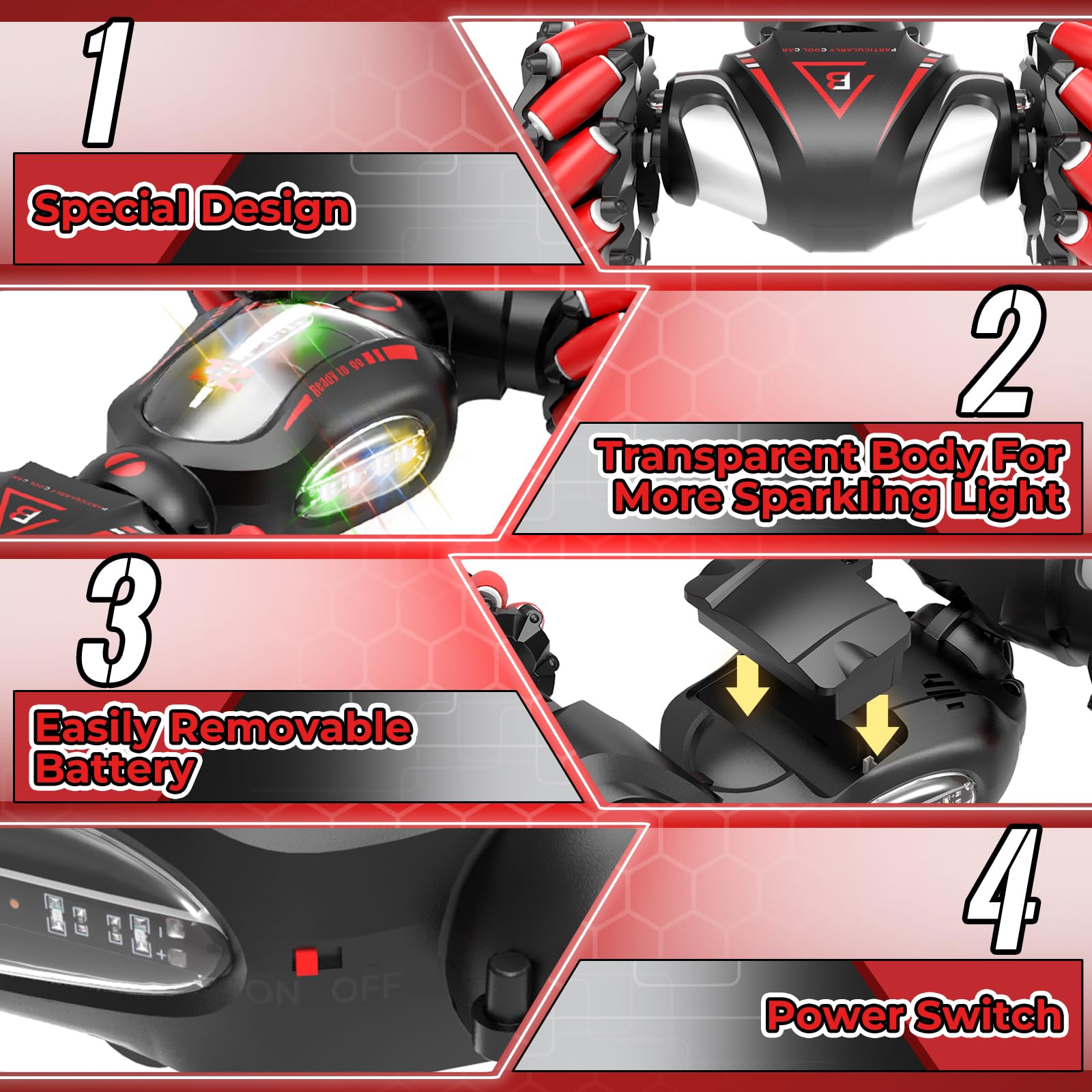 Fosgoit RC stunt car lights and spray effects for dramatic night play