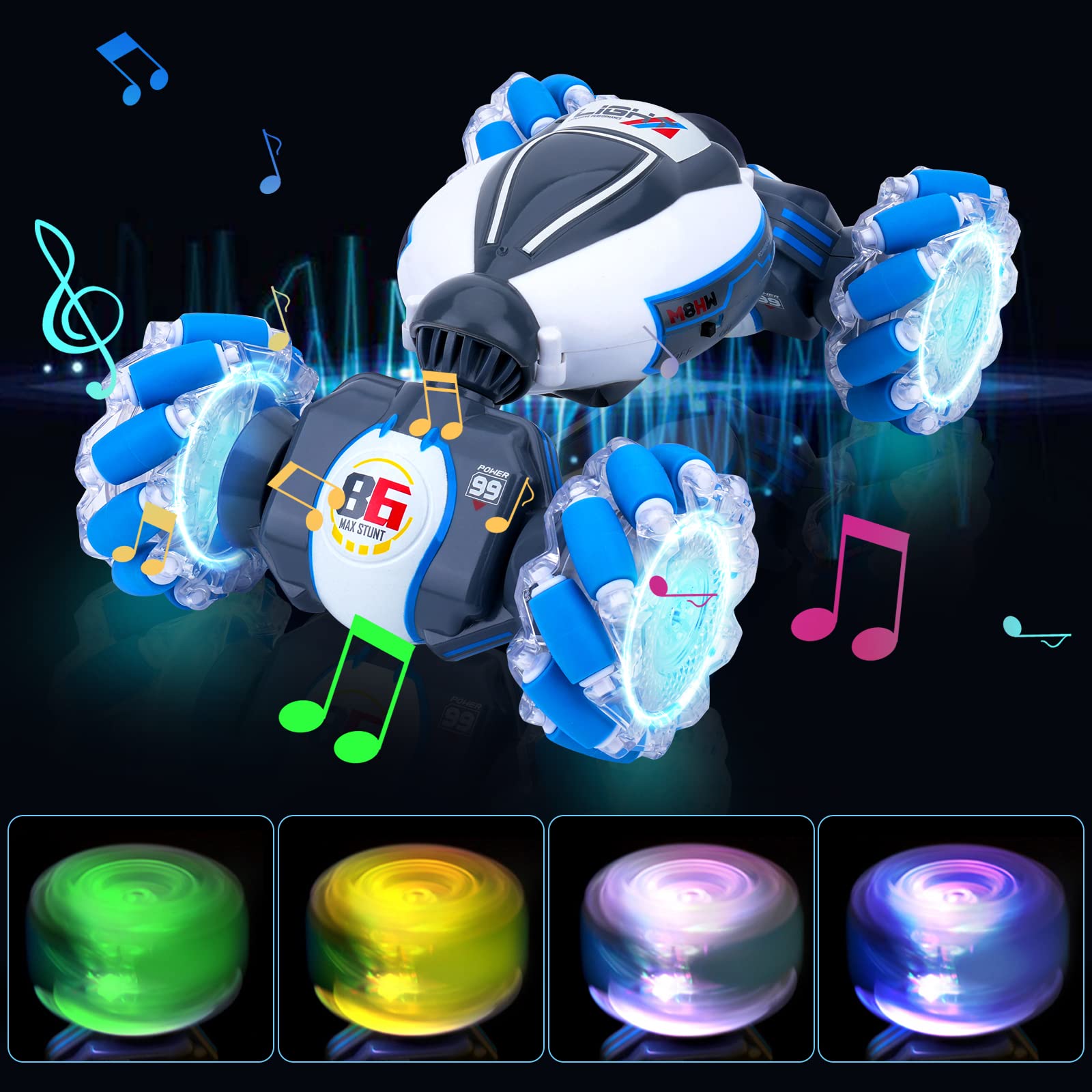 Fosgoit RC stunt car with LEDs and music for immersive play sessions