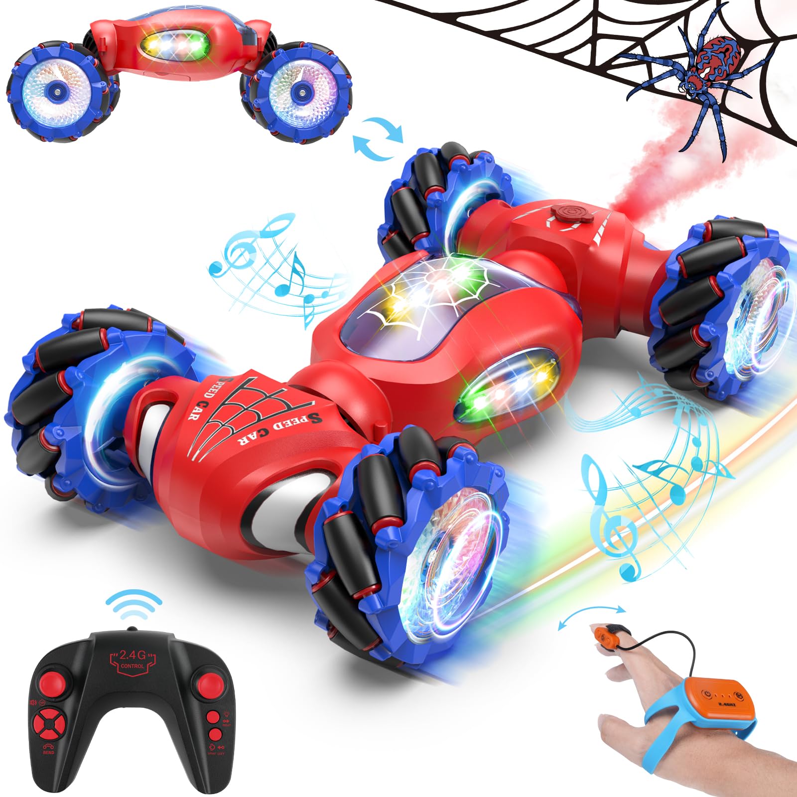 Fosgoit Spider RC car front view with LED lights for dynamic daytime and night play