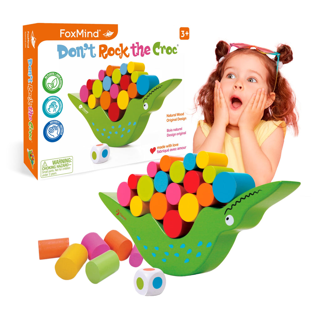 FoxMind Don't Rock The Croc colorful cylinders boost hand-eye coordination for toddlers.