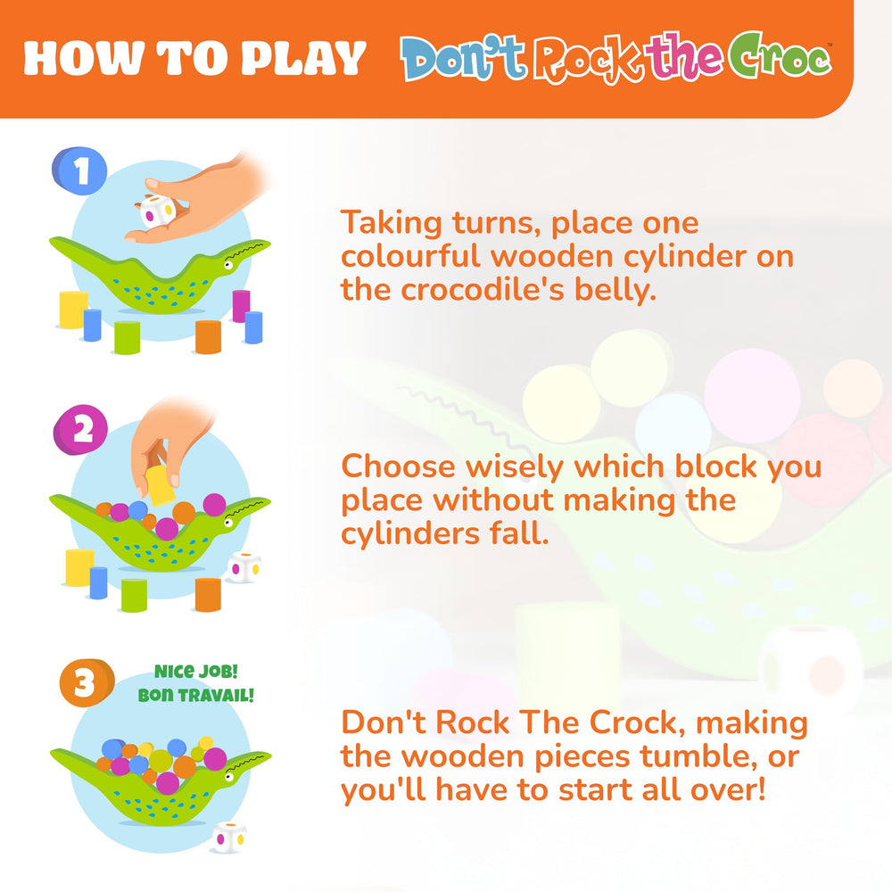 FoxMind Don't Rock The Croc wooden pieces highlight safe, natural materials for play.