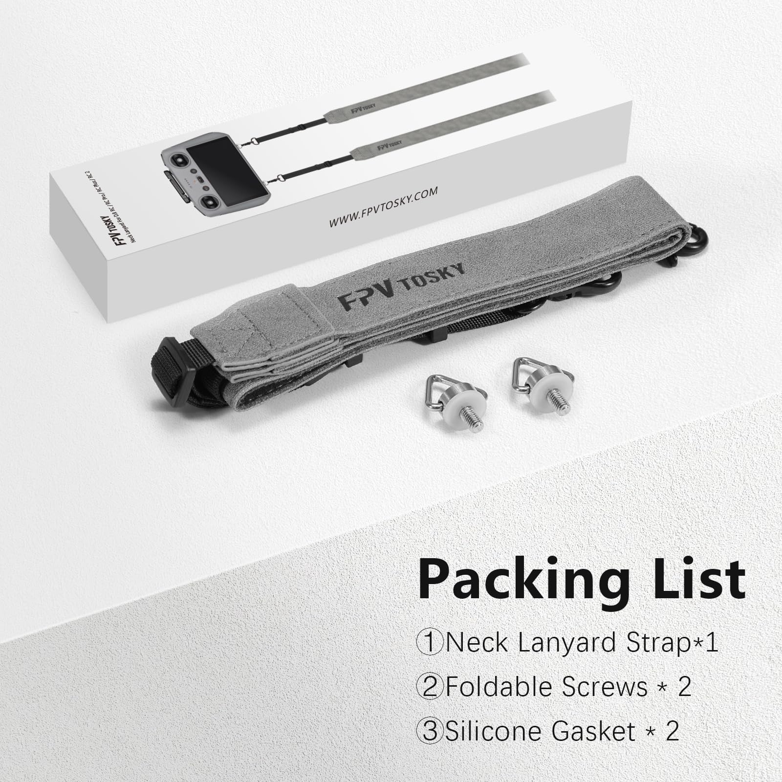 FPVtosky packaging includes neck lanyard, screws, gasket.