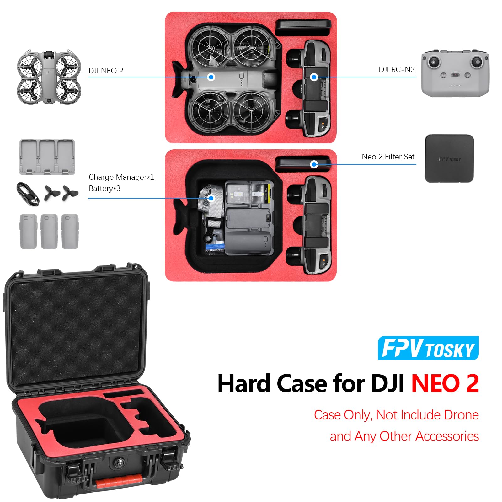 FPVtosky NEO 2 case IP67 sealed interior guards against water and dust.