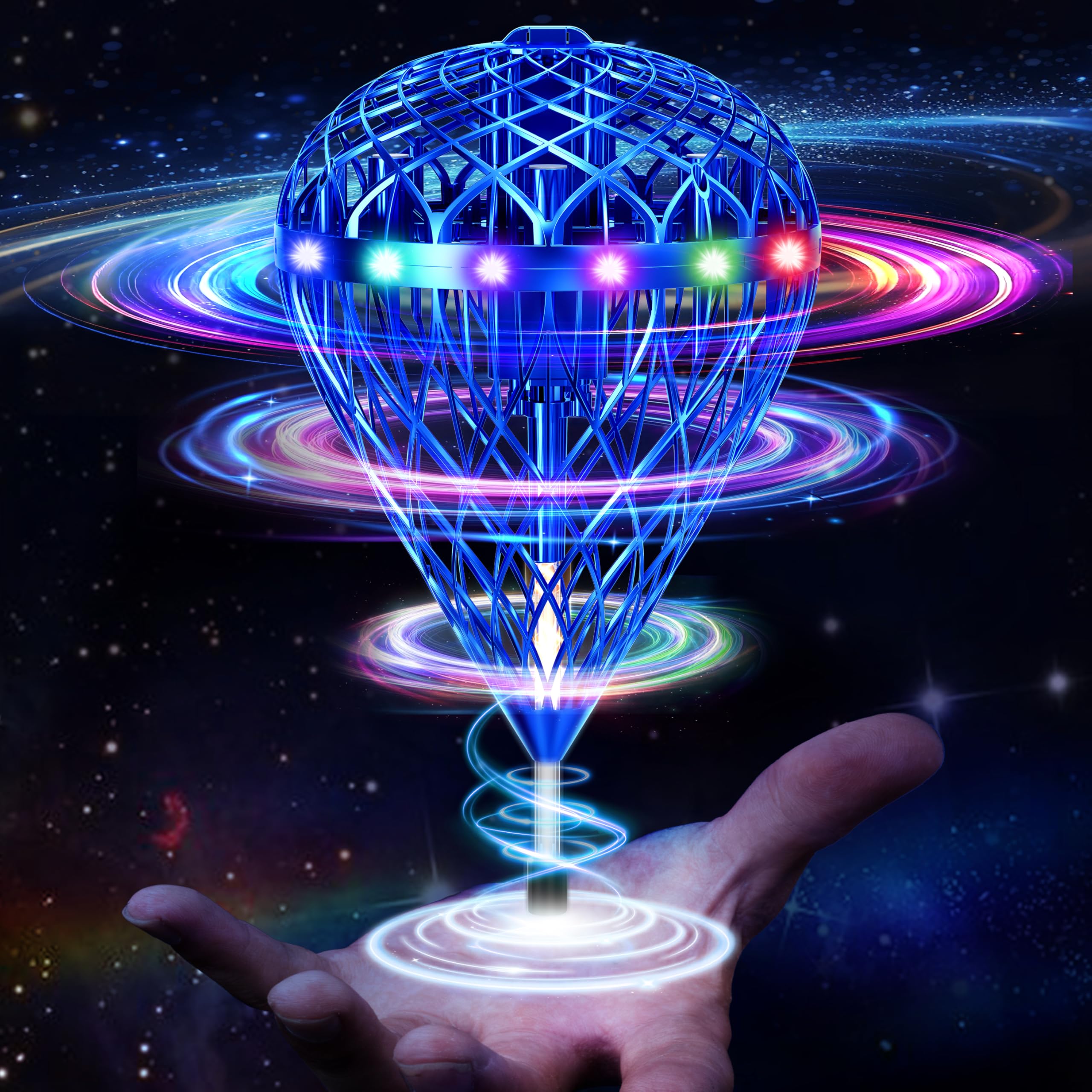 Fralvox bouncing-flying-orb-ball-blue demonstrated in mid-flight, ideal for indoor and outdoor fun.