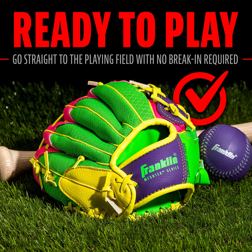Franklin Sports Teeball glove colorway purple-lime-pink-yellow stands out.