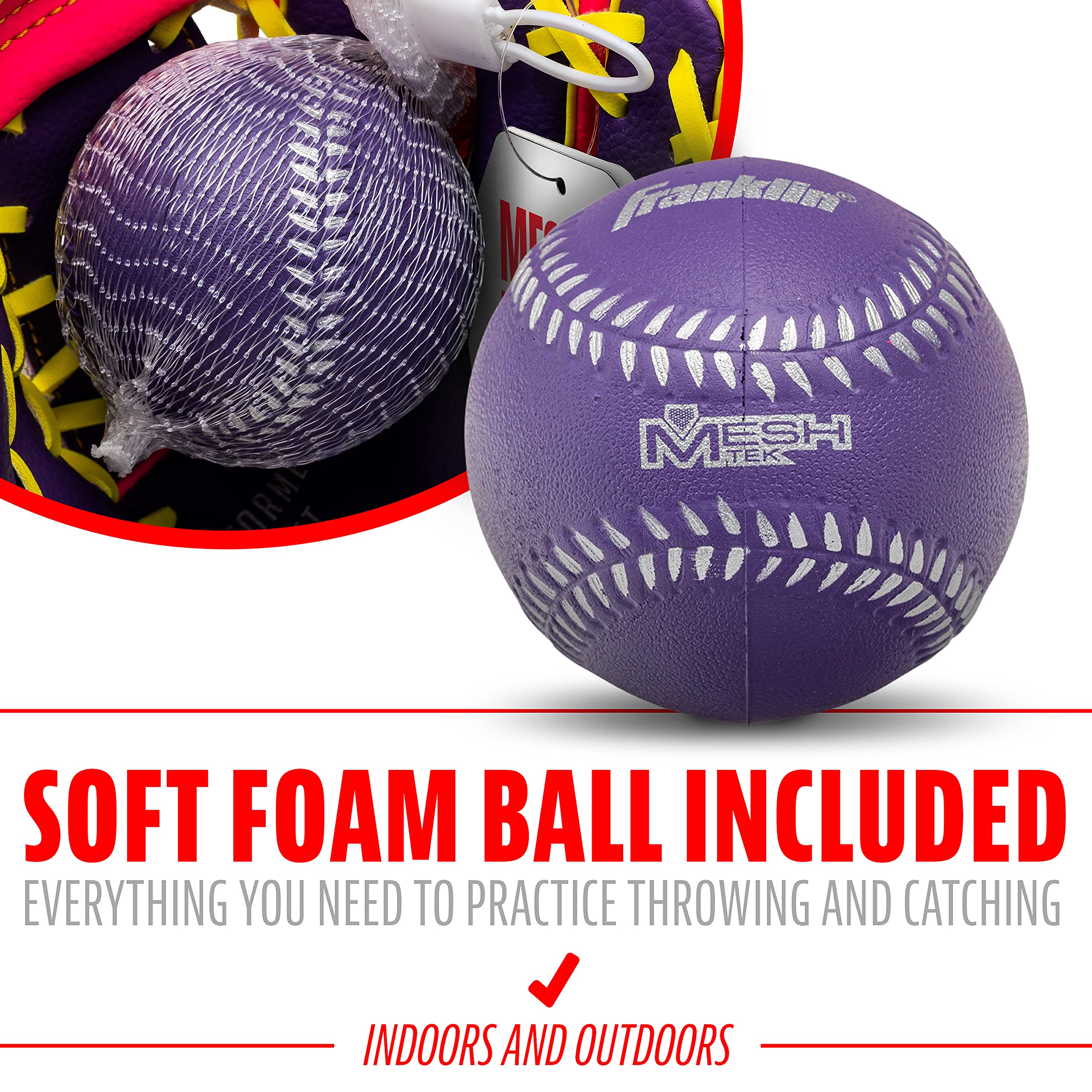 Franklin Sports Teeball glove includes soft foam ball for instant practice.