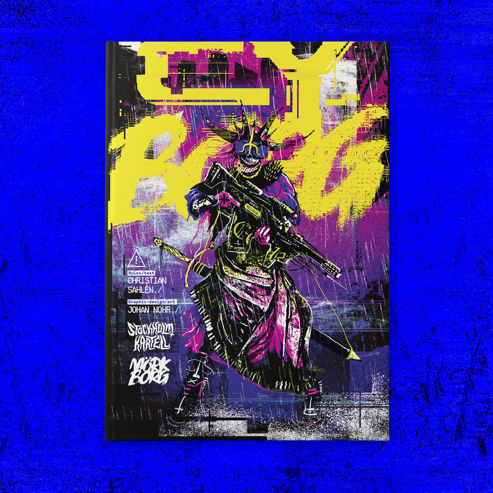 Free League CY_BORG dystopian art conveying cyberpunk mood