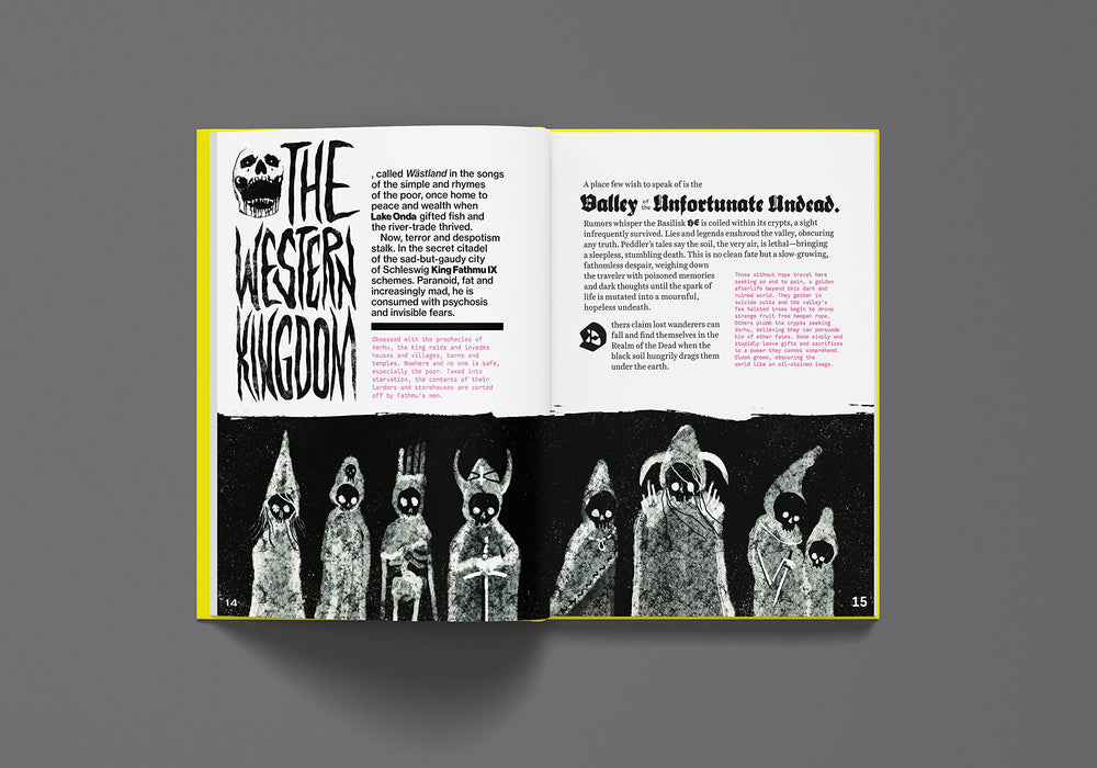 Free League MÖRK BORG skeletal-warrior illustration sets grim tone.