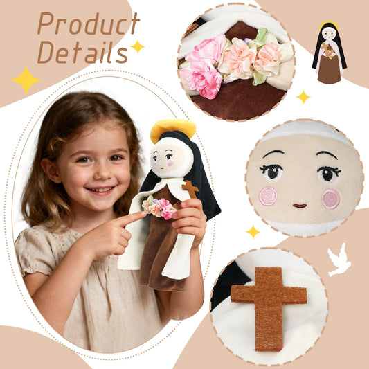 Free-space St. Therese doll in dark robe for prayer corner.