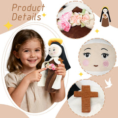Free-space St. Therese doll in dark robe for prayer corner.