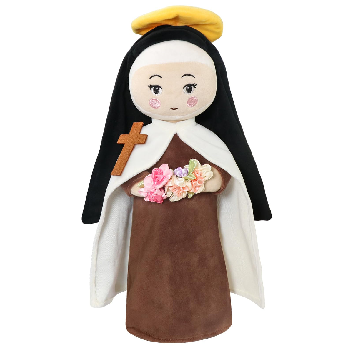 Free-space St. Therese doll with roses bouquet for devotional display.