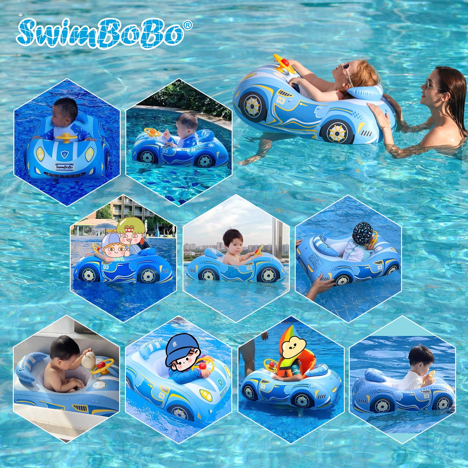 Free Swimming Baby Swimbobo blue inflation valve enables quick setup.