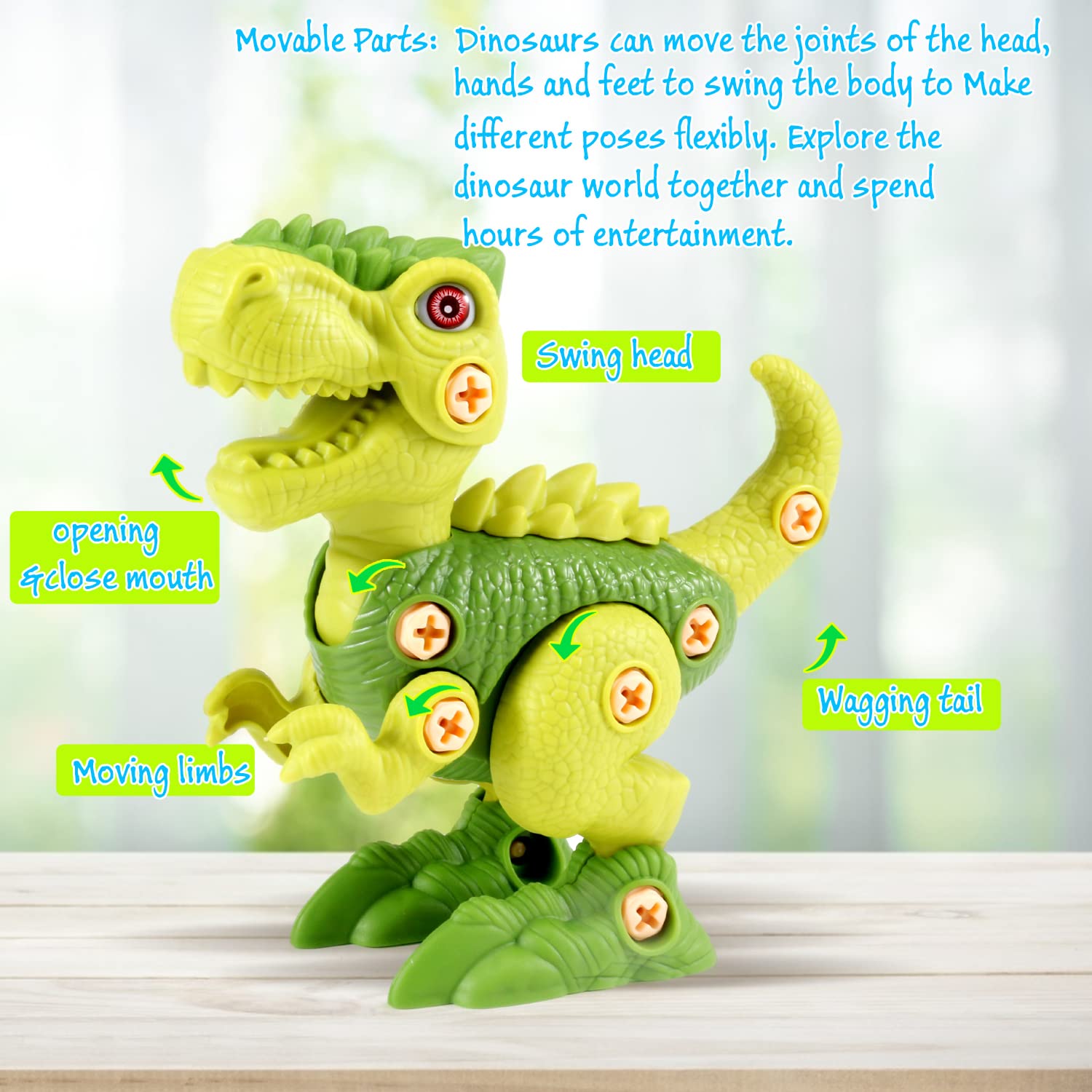 FREE TO FLY cyan Velociraptor take apart toy encourages hands-on construction