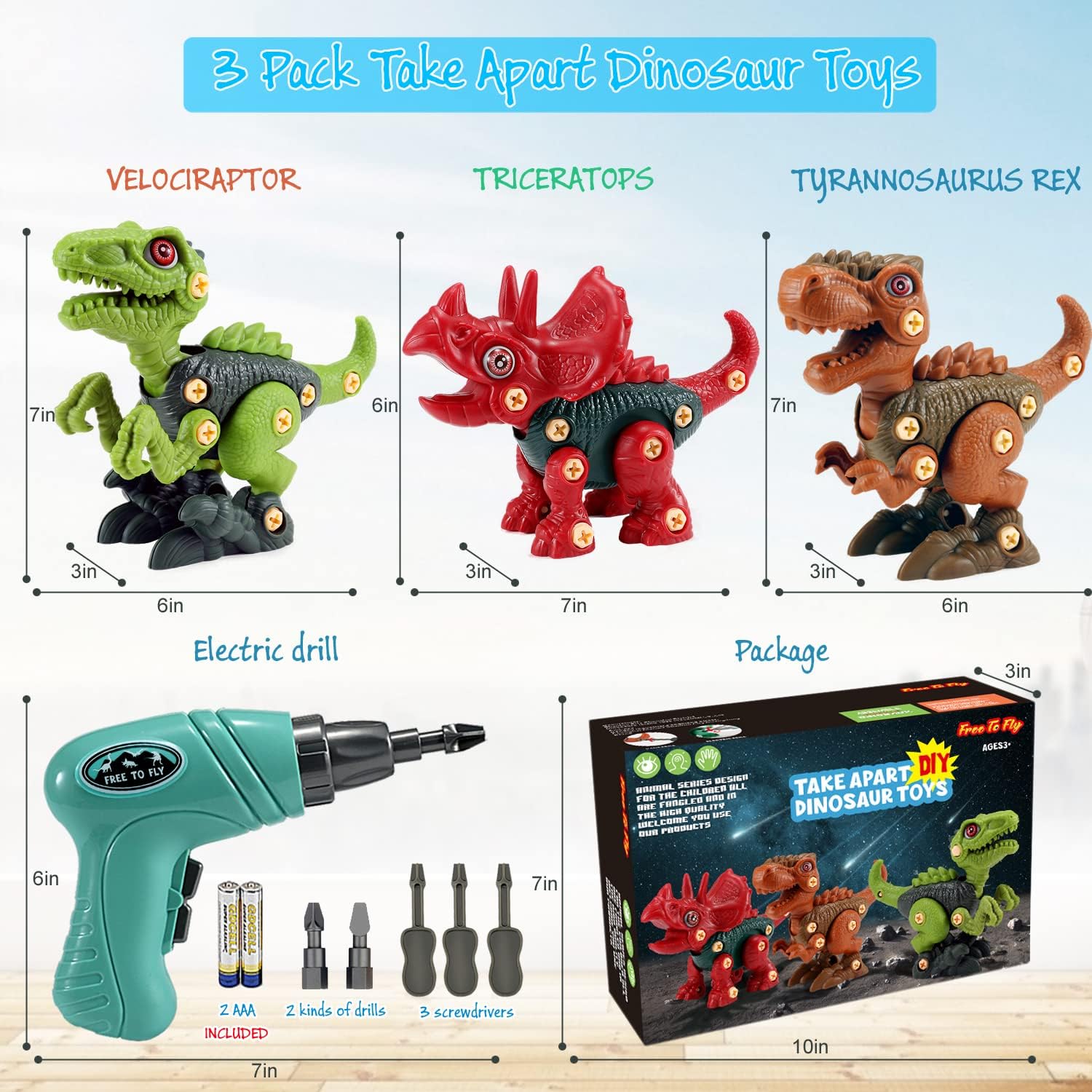 Free to Fly low-speed electric drill included for safe dinosaur assembly