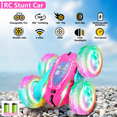 FREE TO FLY pink RC car top view highlighting vibrant chassis for gifting