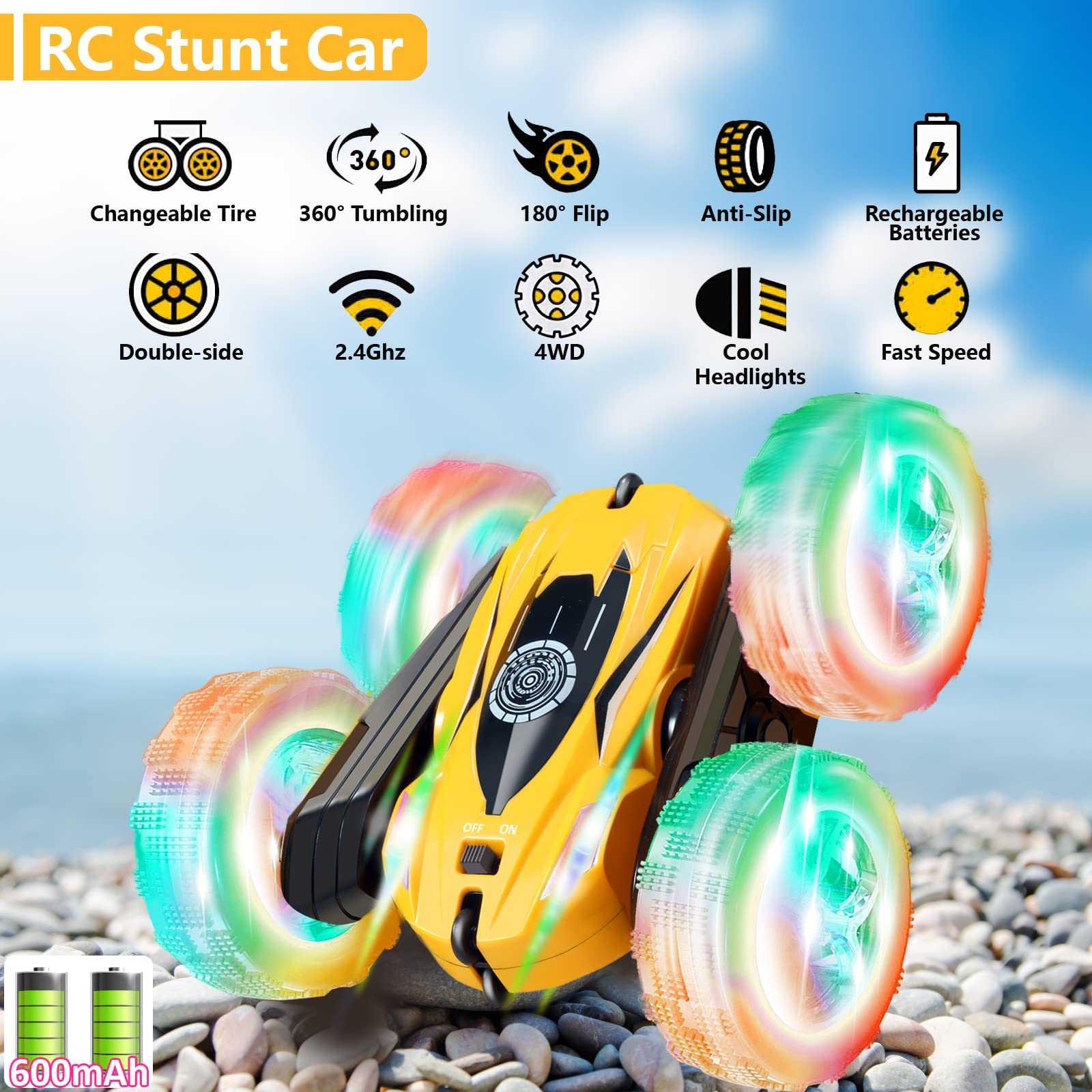 FREE TO FLY RC car performing 360-stunts on a track