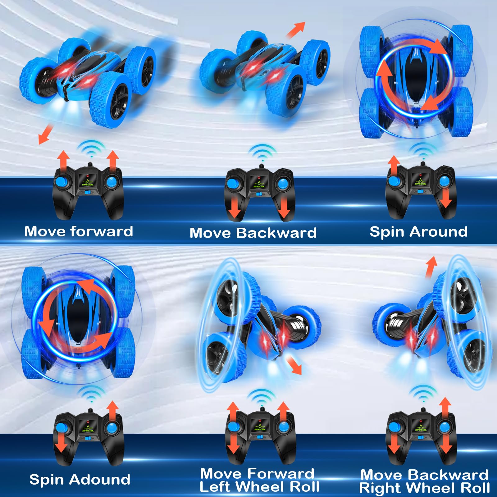 FREE TO FLY RC car headlights illuminate night play sessions.