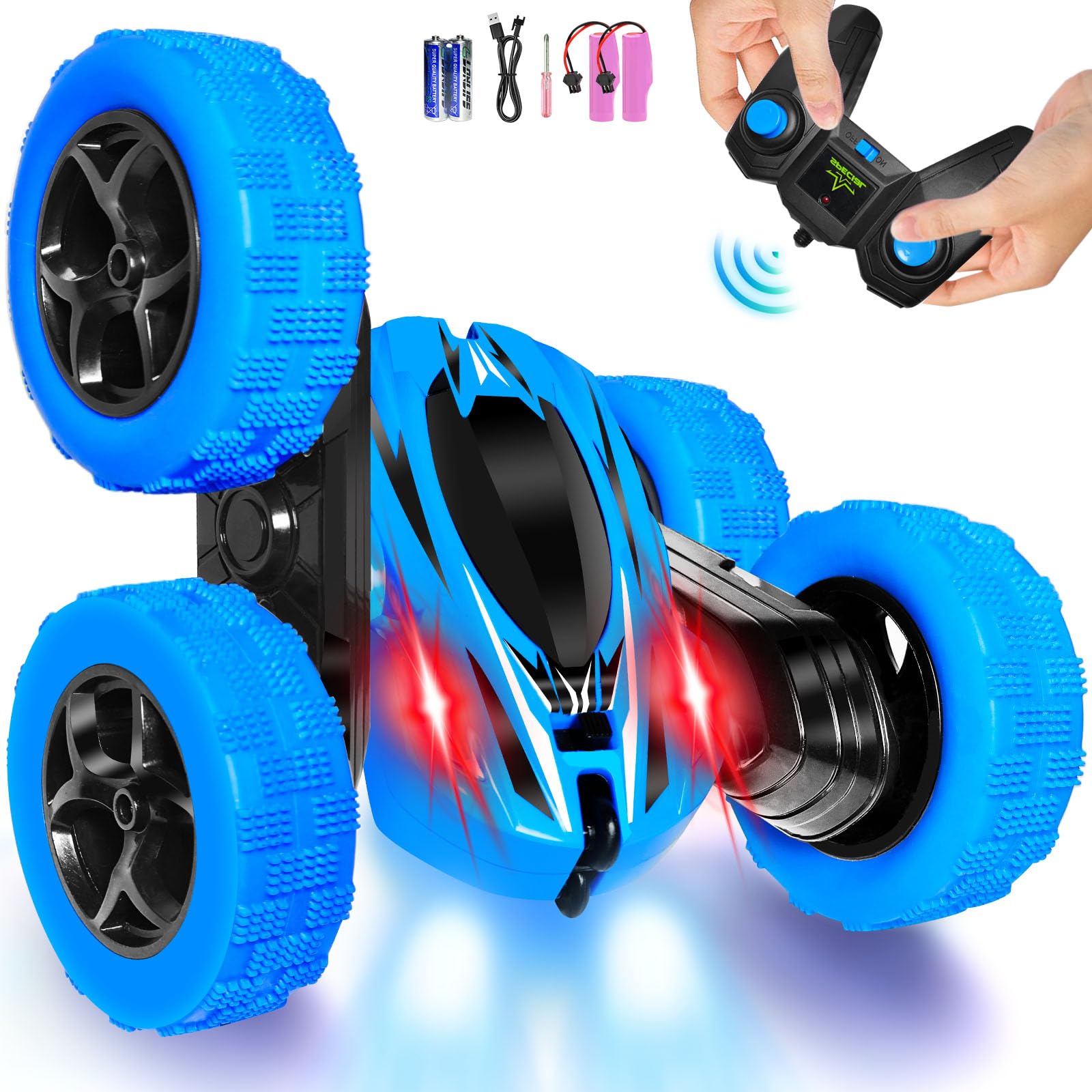 FREE TO FLY remote control car performing a 360 flip on a smooth surface.