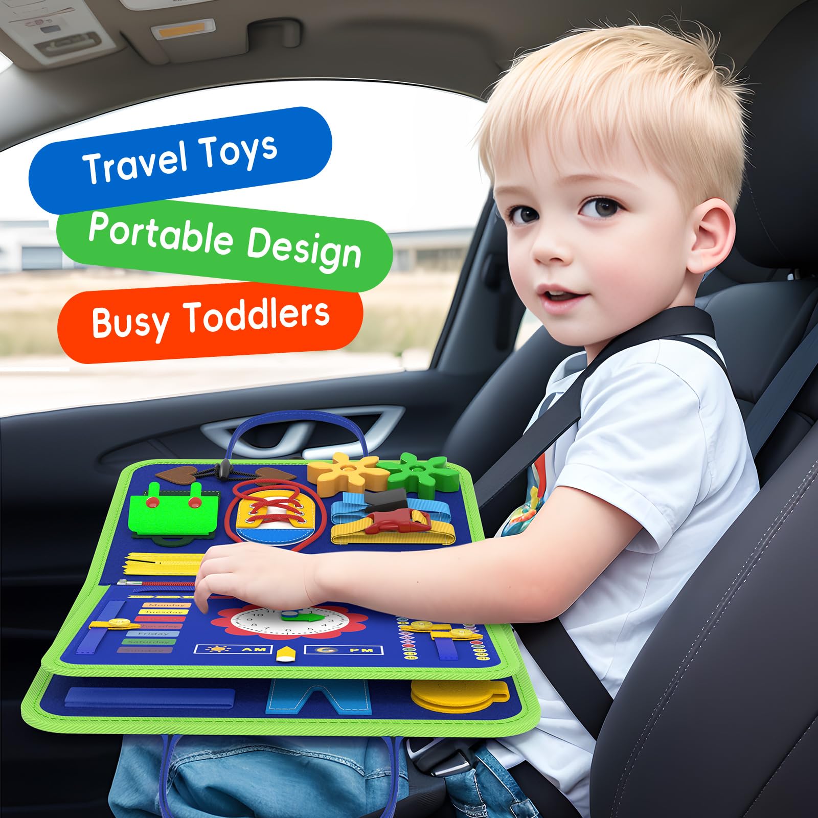 Freebear Busy Board portable travel handbag design makes on-the-go learning easier