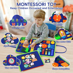 Freebear Busy Board zip feature aids coordination and dressing practice