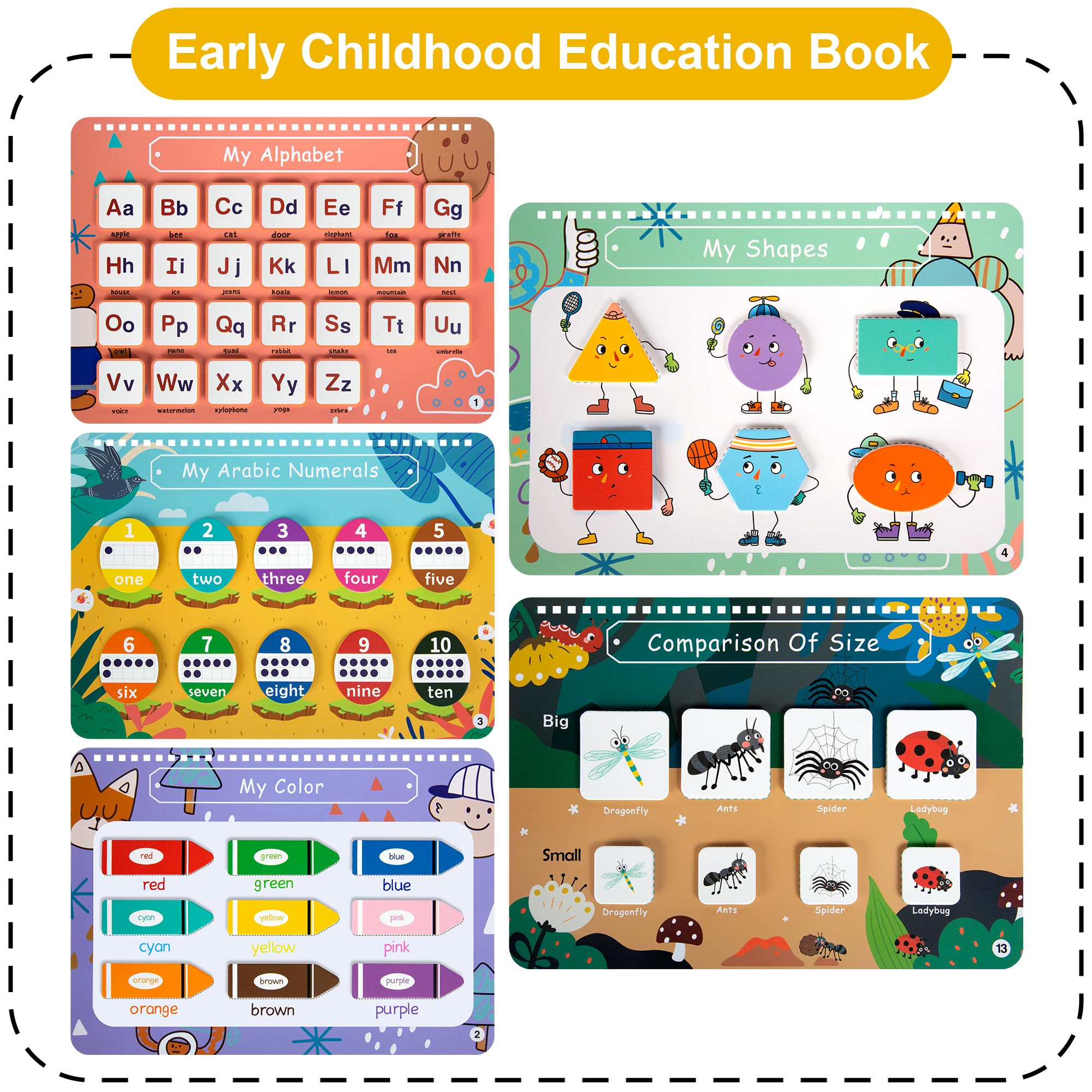 An inside page of Freebear Busy Book with animal illustrations for visual learning.