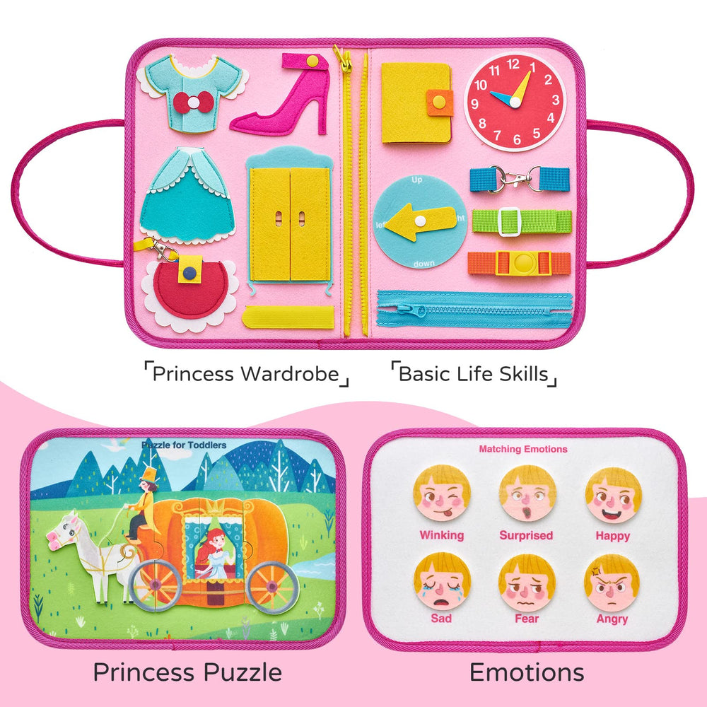 Freebear Busy Board buckles and zippers for fine motor practice