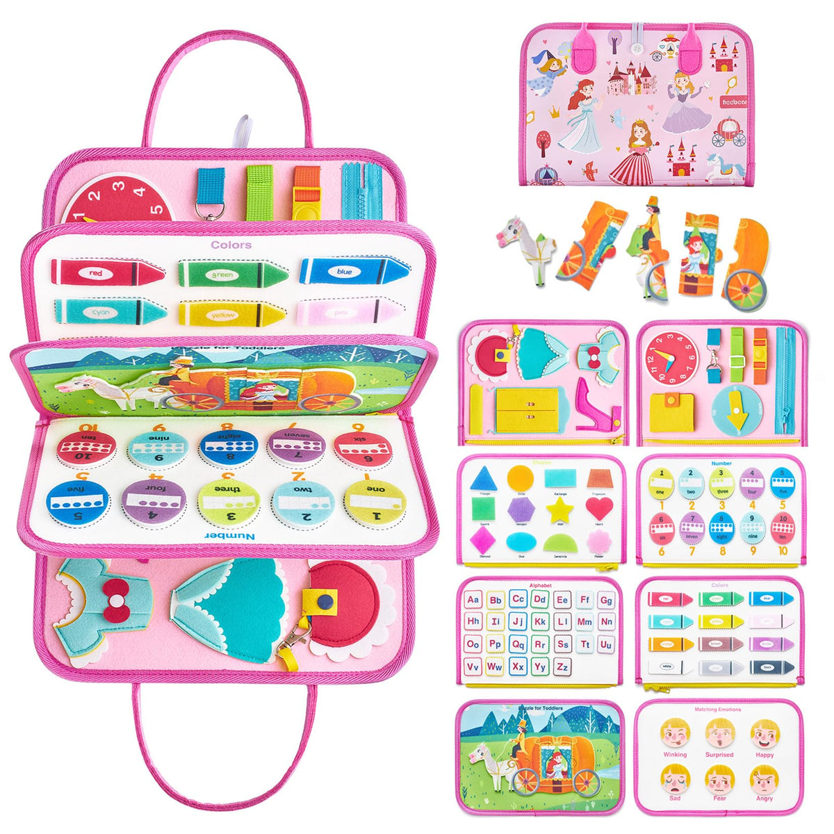 Freebear Busy Board with travel handbag design showing on-the-go play and portability