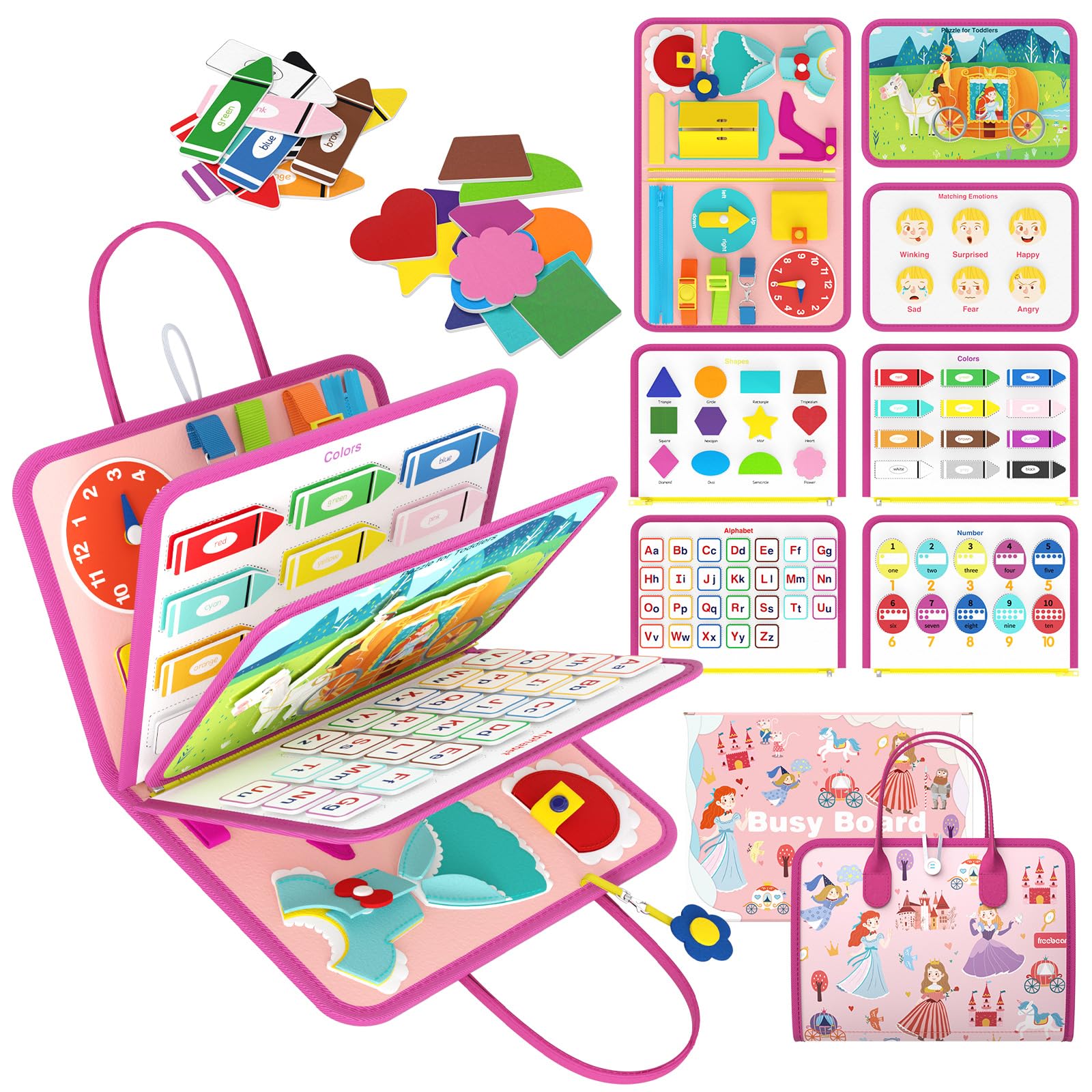Freebear Deluxe Pink Princess Busy Book front cover promotes curious play and easy portability.