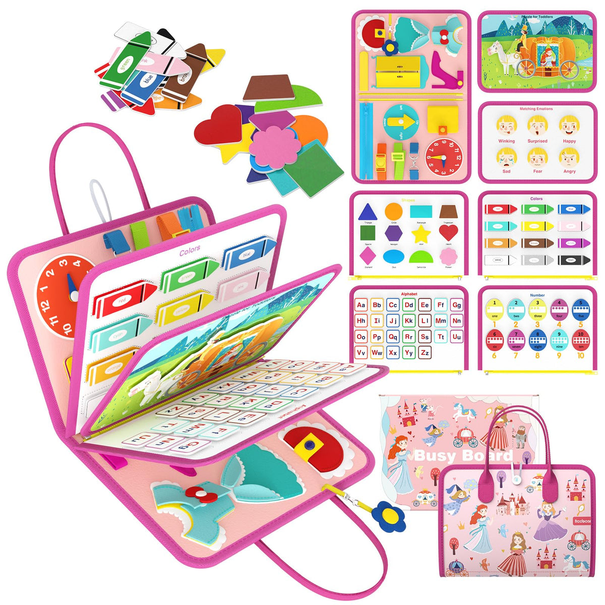 Freebear Deluxe Pink Princess Busy Book front cover promotes curious play and easy portability.