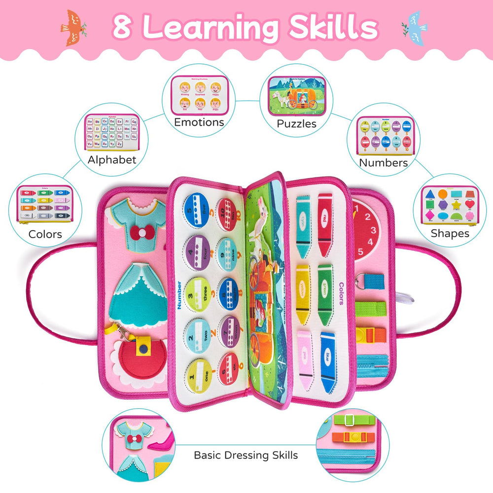 Freebear Deluxe Pink Princess Busy Book jigsaw puzzle page enhances problem-solving through structured play.