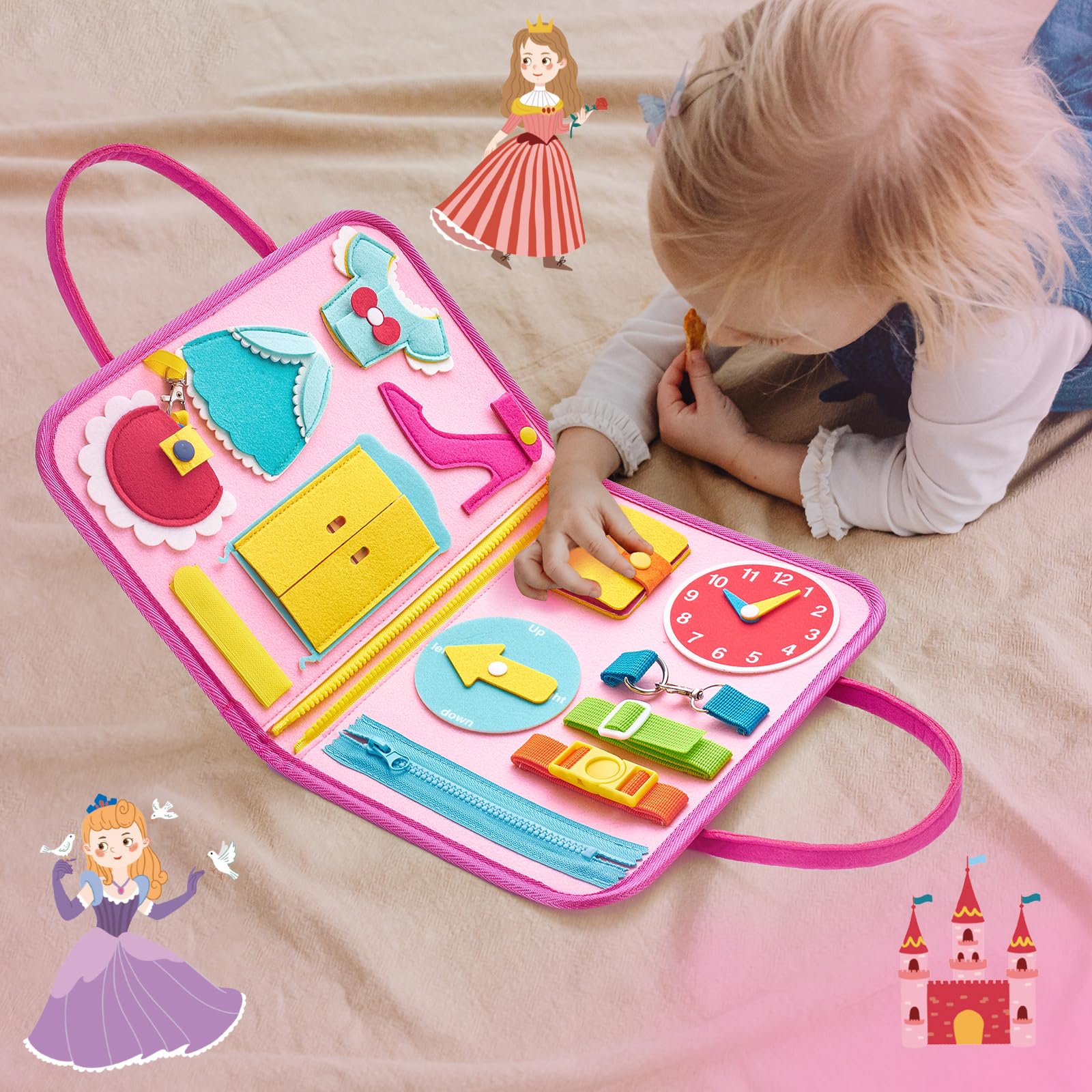 Freebear Deluxe Pink Princess Busy Book left-right cognition page supports coordination with interactive prompts.