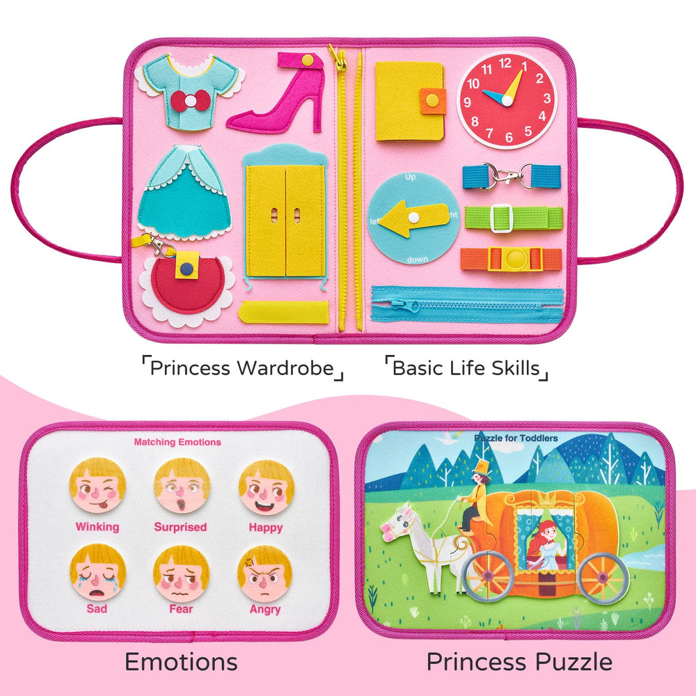 Freebear Deluxe Pink Princess Busy Book numbers page fosters counting skills via colorful, interactive prompts.