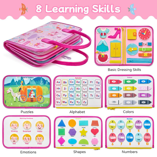 Freebear Deluxe Pink Princess Busy Book open pages encourage hands-on exploration during travel.