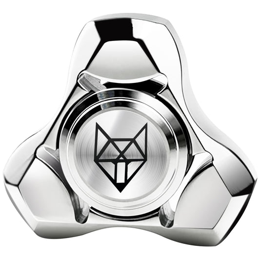 FREELOVE metal fidget spinner in silver, top view, smooth balance for quiet use.