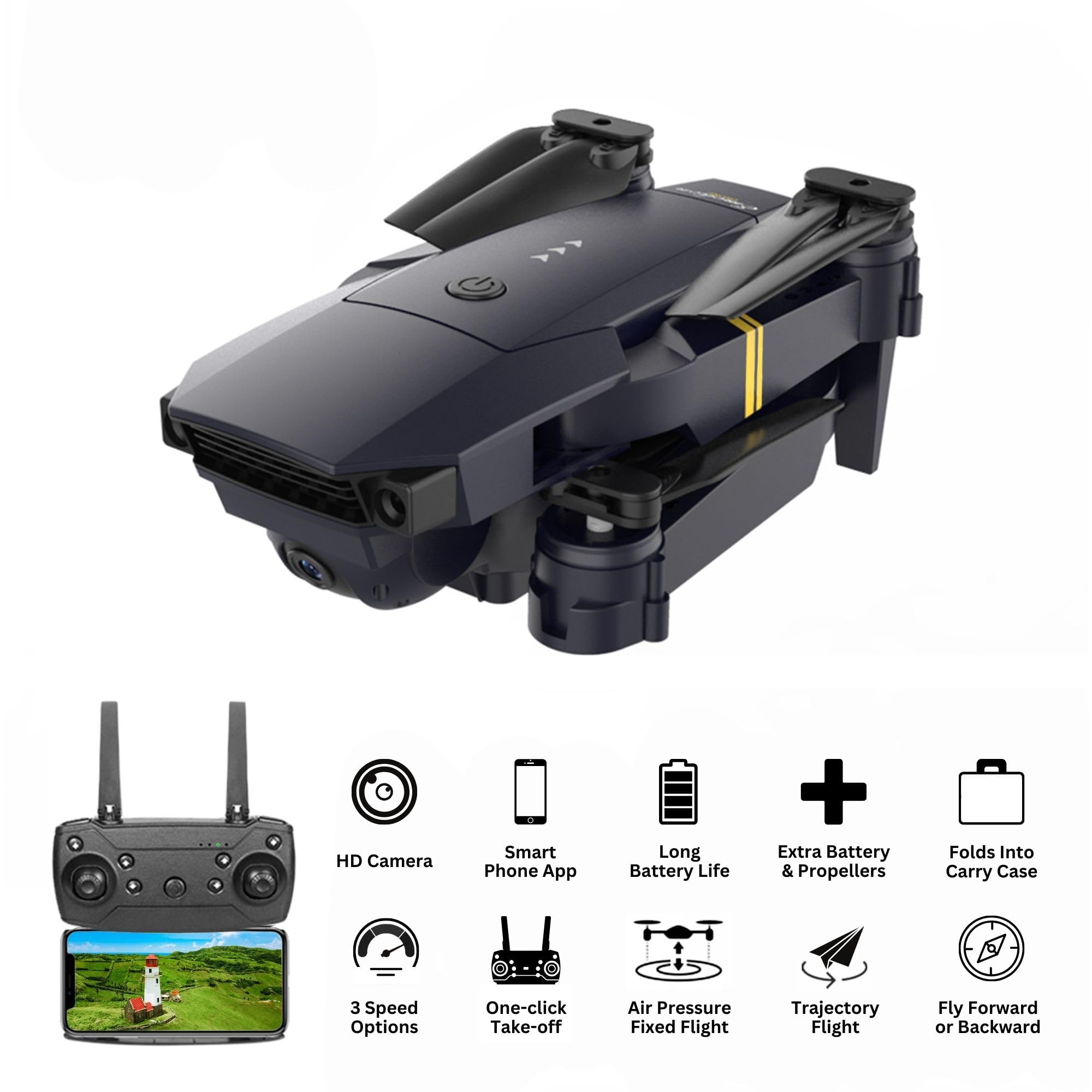FREEZE2TRIM Black Falcon 4K Drone with 120° wide-angle camera captures crisp aerial photos.
