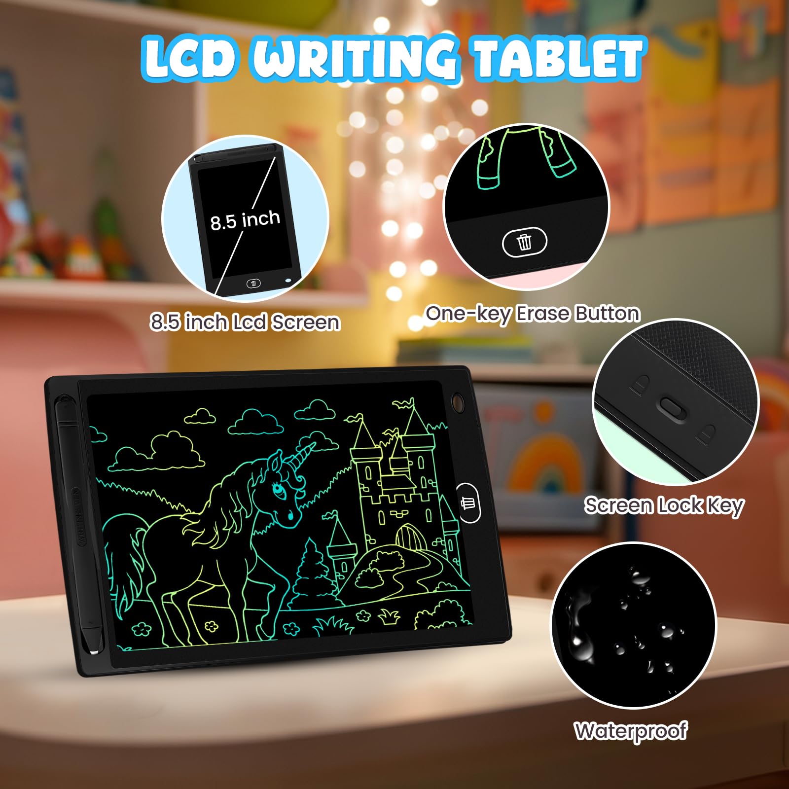 Frelswon 8.5-inch LCD tablet with vibrant colors for learning and creativity