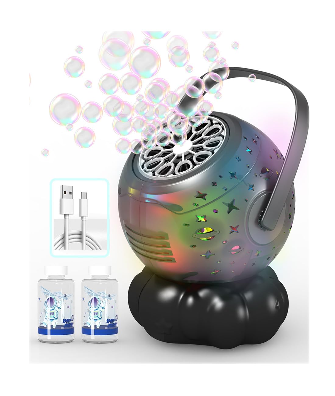 FREQUENT BUBBLES Bubble Machine front view with 7-color LED lights for outdoor fun