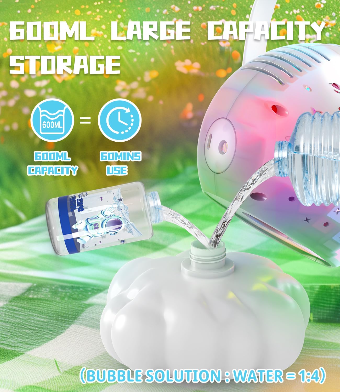 Frequent Bubbles bubble machine with spill-proof design and clog-resistant nozzle.