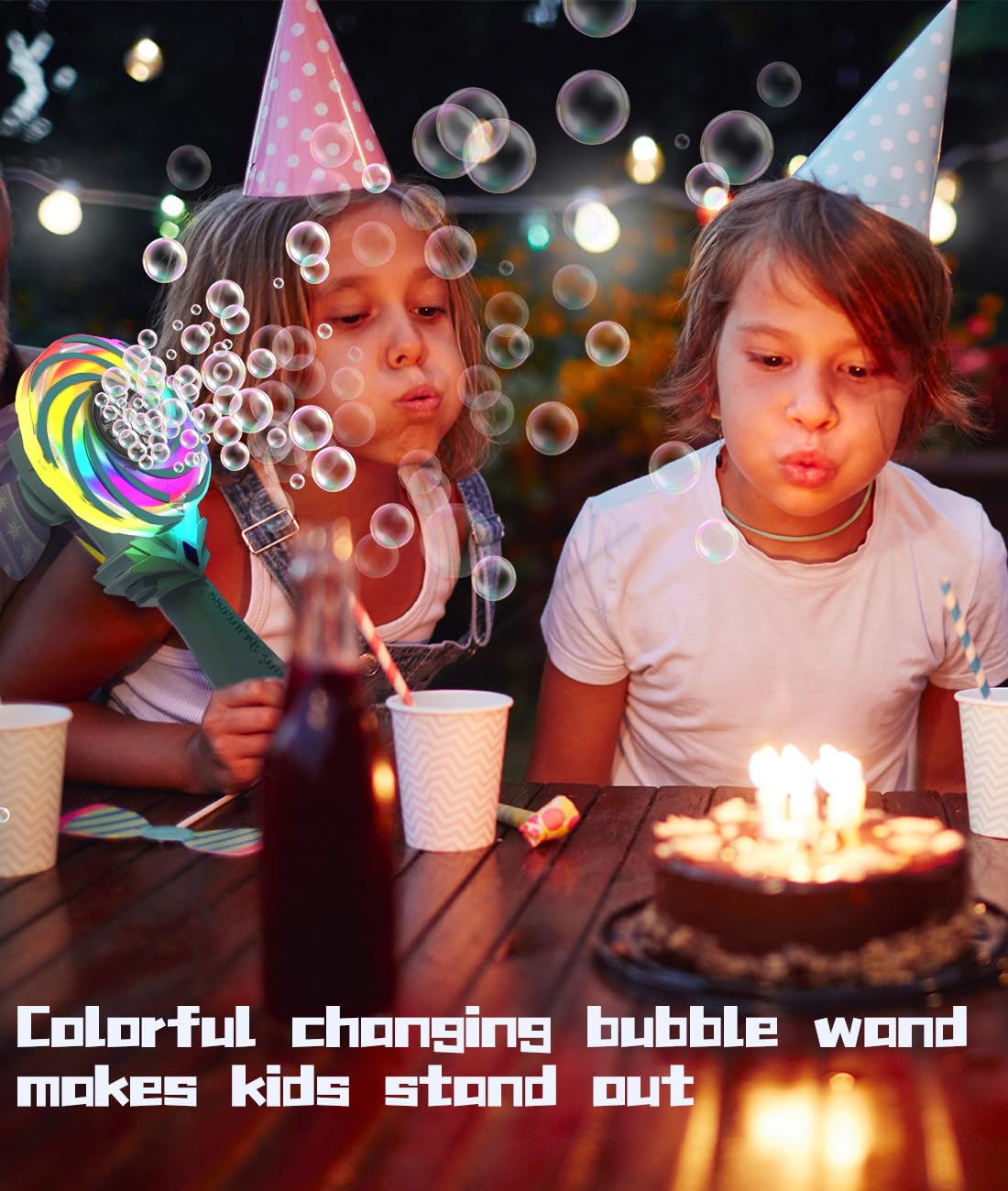Night mode with glowing bubbles from the Frequent Bubbles wand