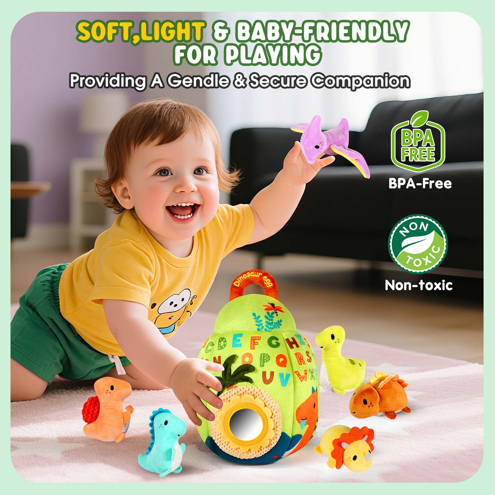 FREYBLI dinosaur toy with rattle encourages grasping and shaking.