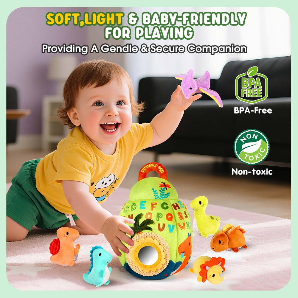 FREYBLI dinosaur toy with rattle encourages grasping and shaking.