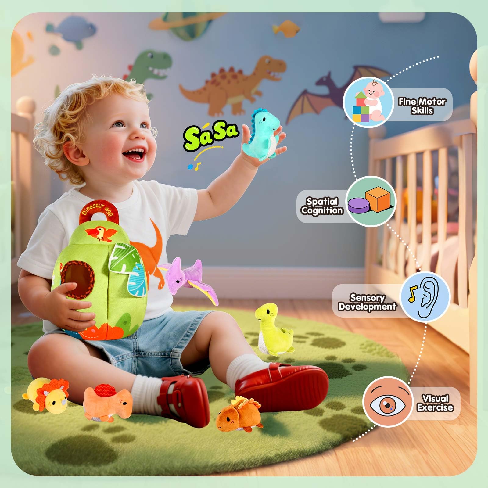 FREYBLI dinosaur toy with squeaker adds playful sound during exploration.