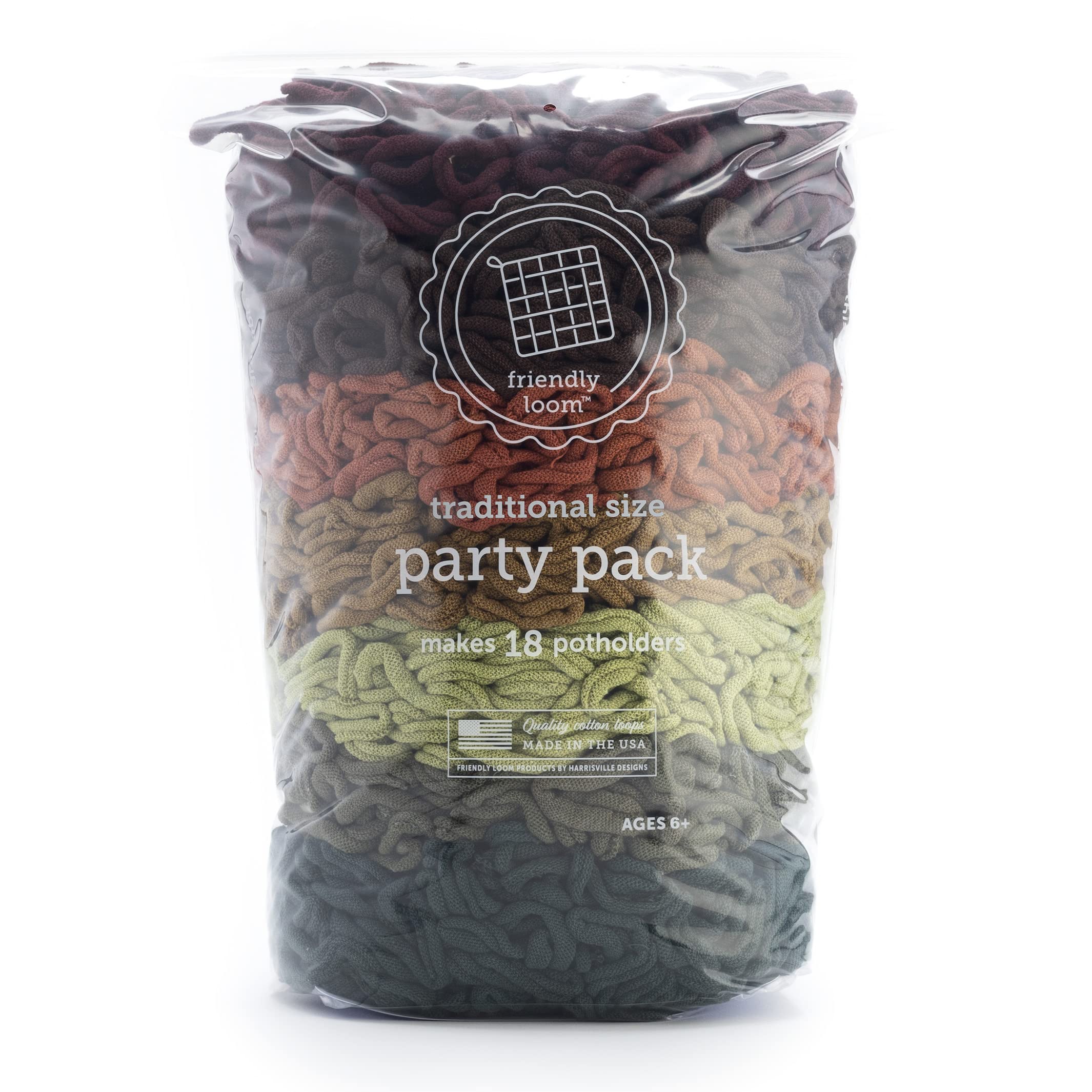 Friendly Loom cotton loops in earthtone colors for 7-inch potholders, ideal for group crafts and DIY gifts.