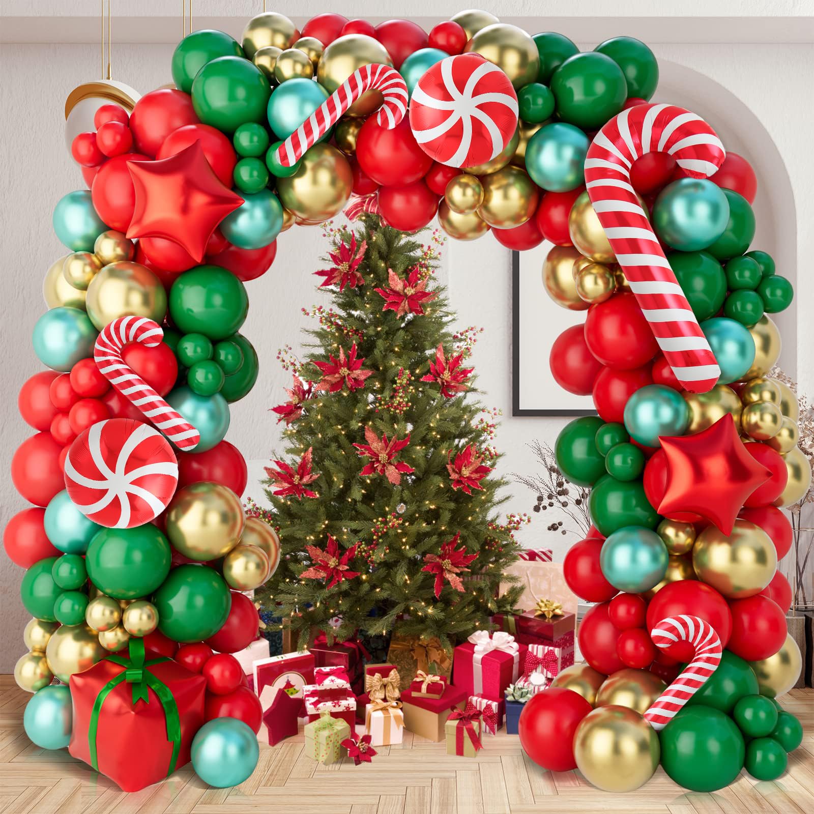 Frigg red star balloons to provide bold festive accents.