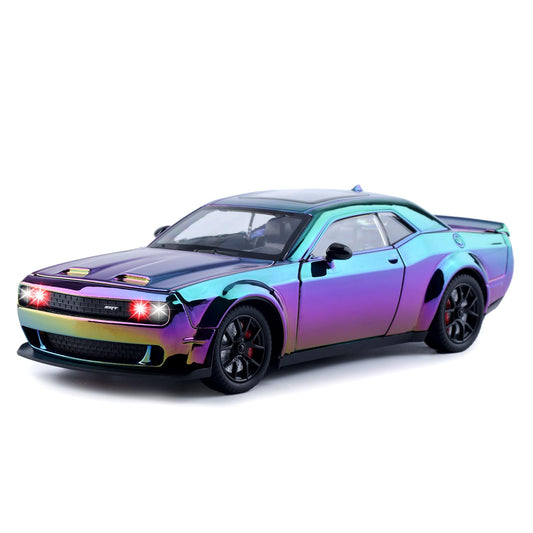 FRJV Hellcat SRT 1/24 diecast front view shows a durable metal body and gradient purple finish.