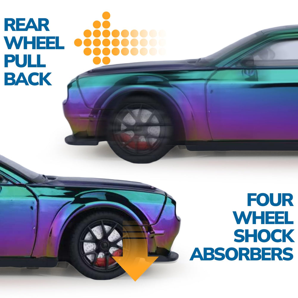 FRJV Hellcat SRT 1/24 pull-back action launches quickly on flat surfaces.