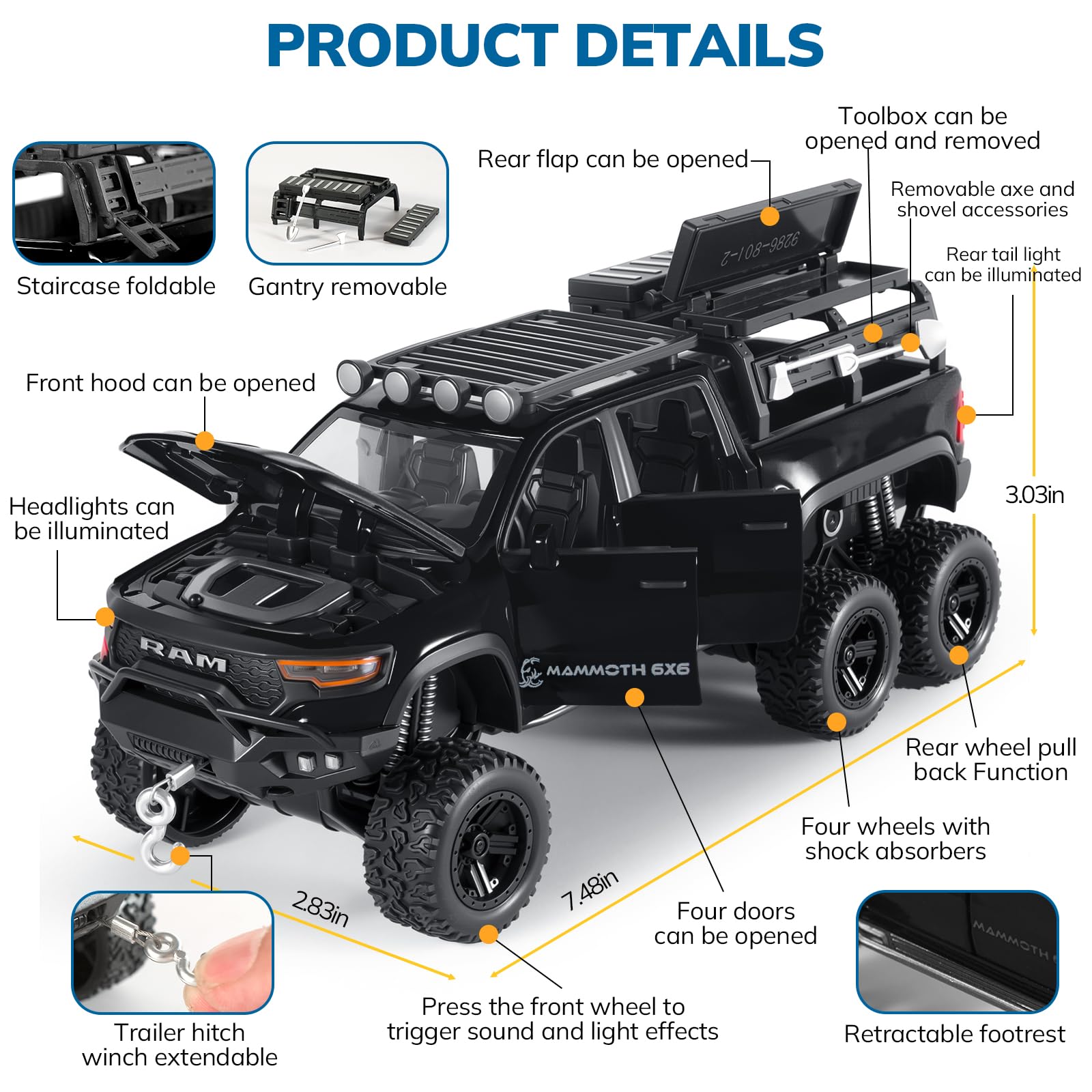 FRJV Mammoth truck doors and hood open for engaging, hands-on play.